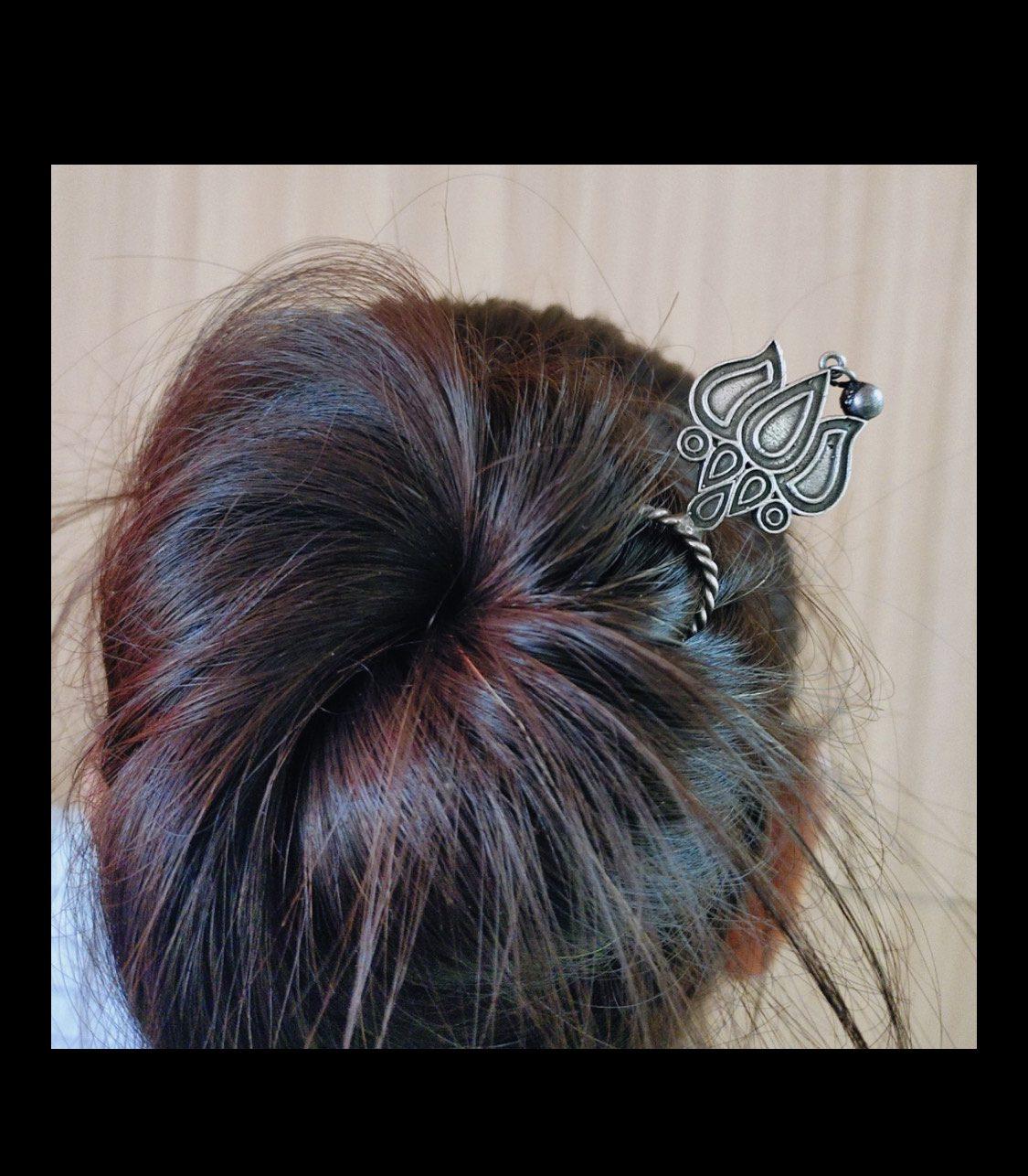 Oxidised German Silver Lotus Hairpin Jewellery AJP2023-108 - Image 2