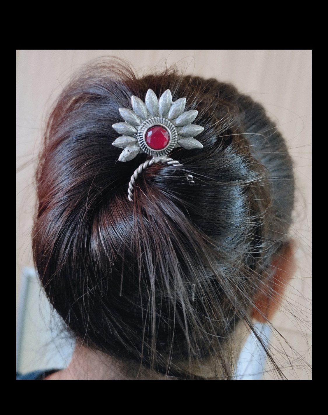 Red Stone Silver Oxidised Hair Pin AJP2023-110 - Image 2