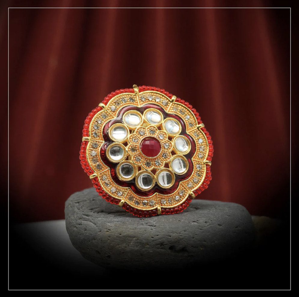 Red Color Kundan Meenakari Finger Ring AJP2023-30