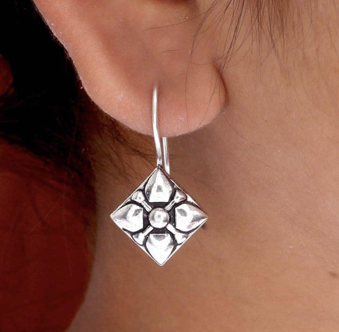 Square Shape Oxidised Silver Plated Stud Earrings AJP2023-176