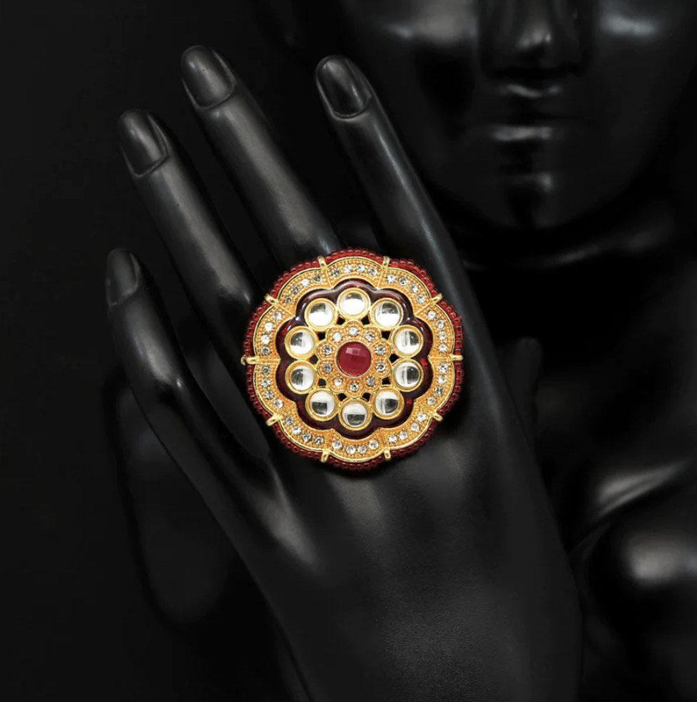 Red Color Kundan Meenakari Finger Ring AJP2023-30 - Image 2