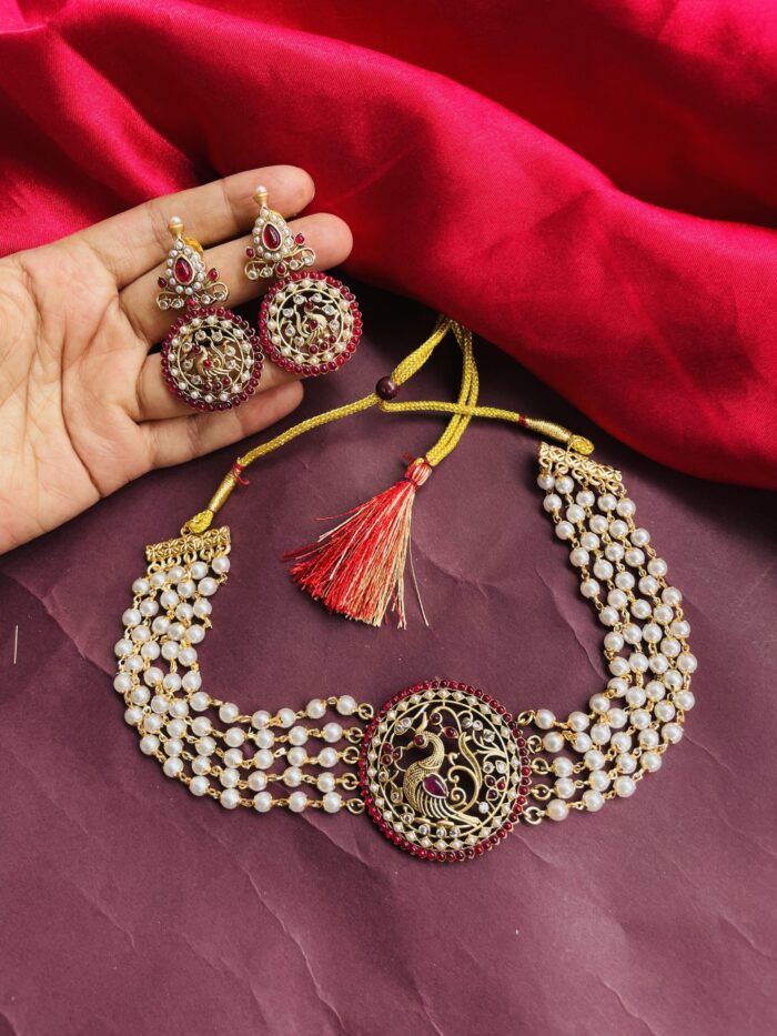 Pearls Peacock Choker Necklace With Earrings AJP2024-138