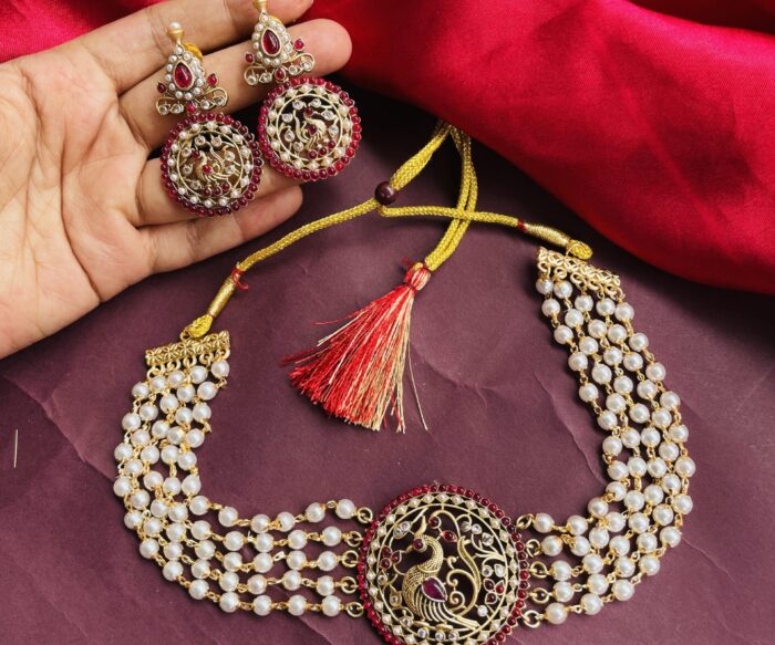 Pearls Peacock Choker Necklace With Earrings AJP2024-138