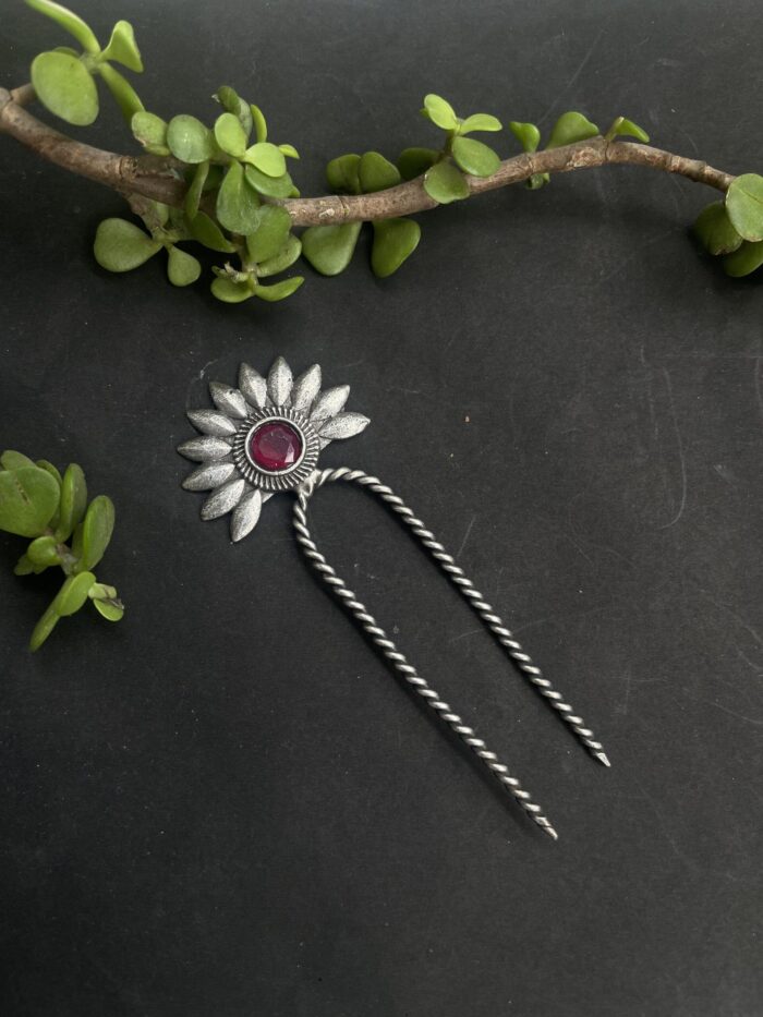 Red Stone Silver Oxidised Hair Pin AJP2023-110