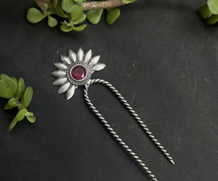Red Stone Silver Oxidised Hair Pin AJP2023-110