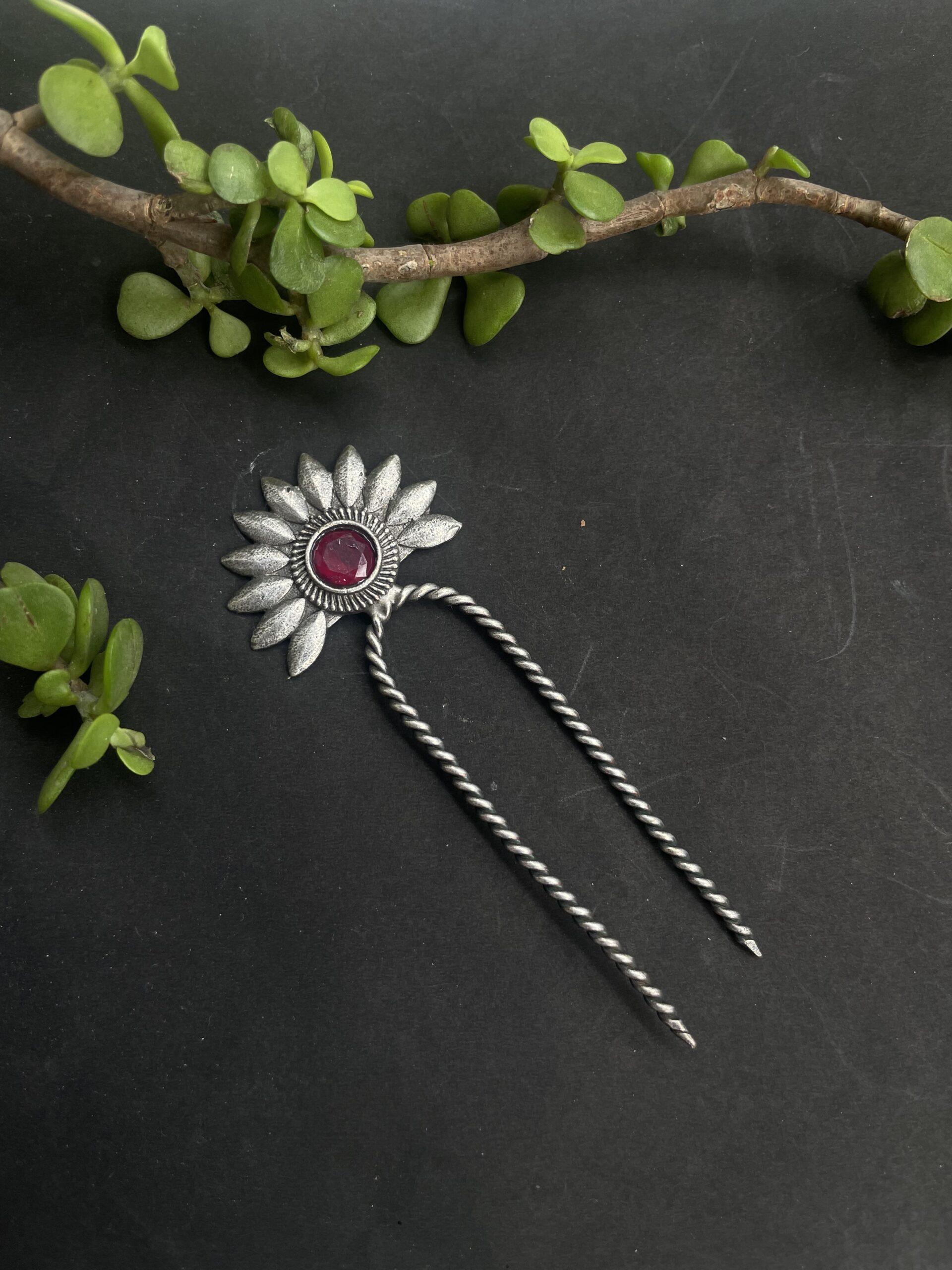 Red Stone Silver Oxidised Hair Pin AJP2023-110