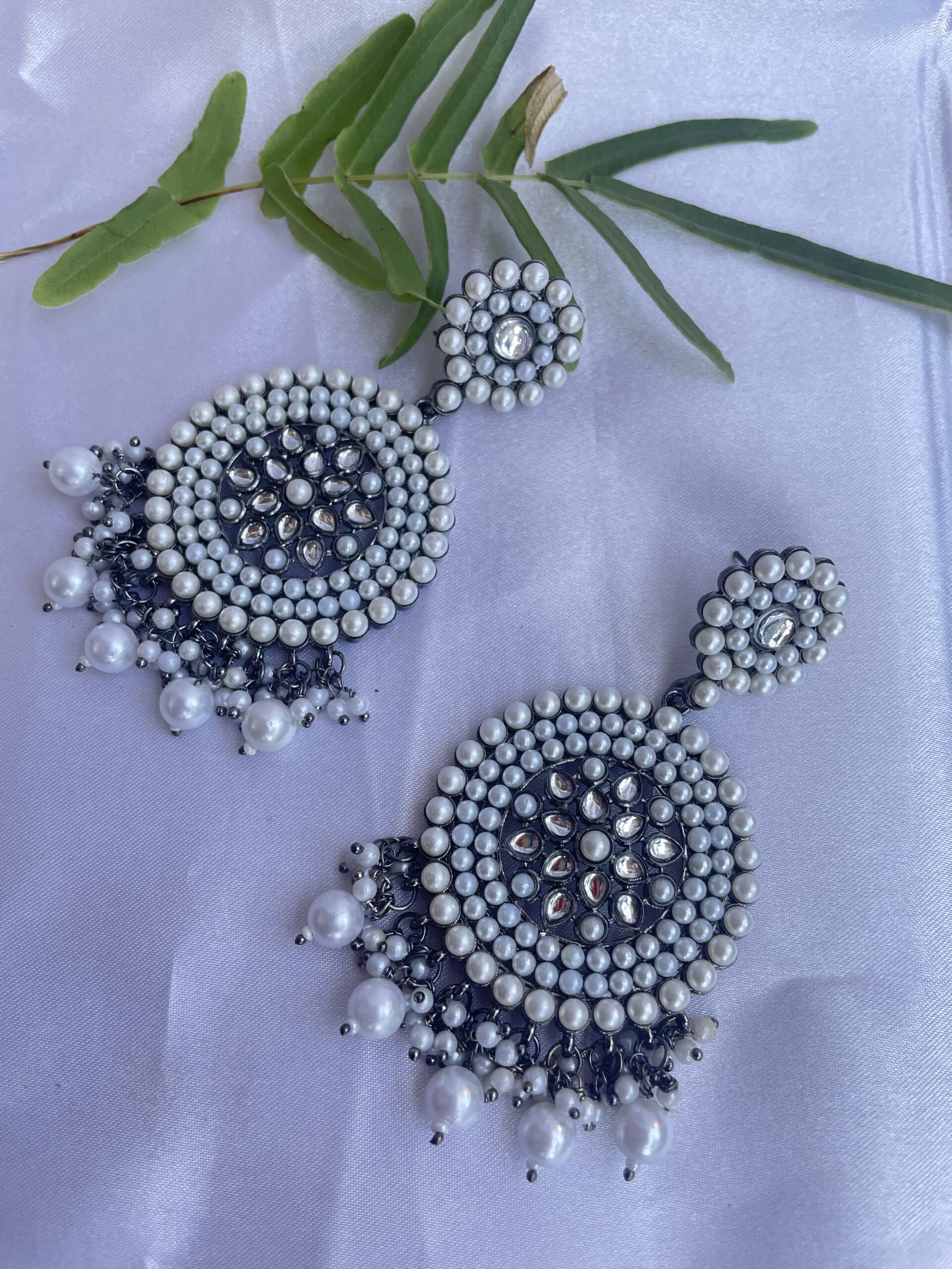 Oxidised Black Metal Kundan Jhumka Chandbali AJP2022-37 - Image 3