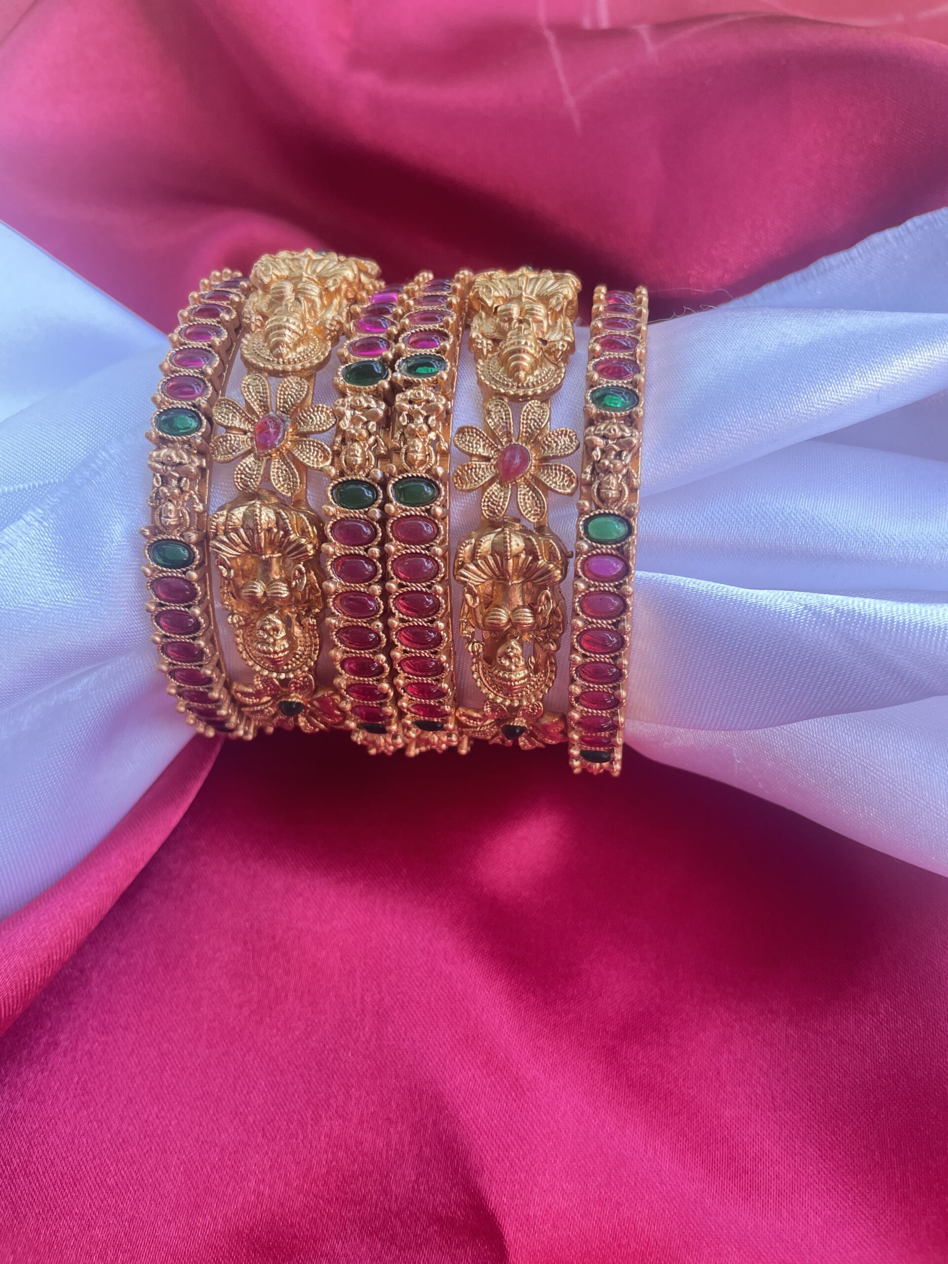 Gold Toned Lakshmi Brass Bangles With Kempu Stone AJP2022-46 - Image 2