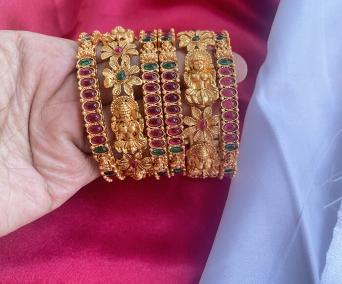 Gold Toned Lakshmi Brass Bangles With Kempu Stone AJP2022-46
