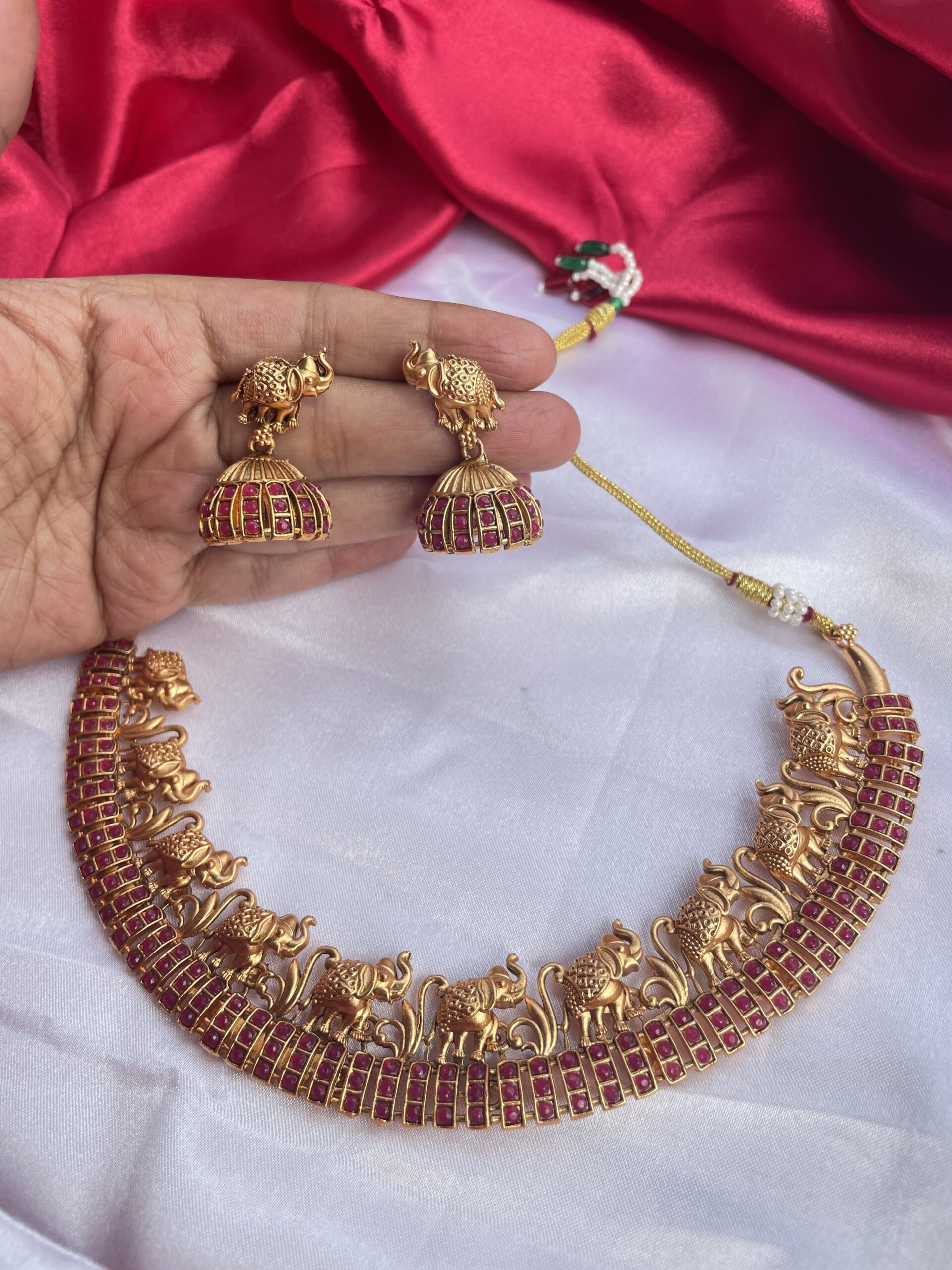 Red Stone Elephant Necklace With Earrings AJP2023-05 - Image 3