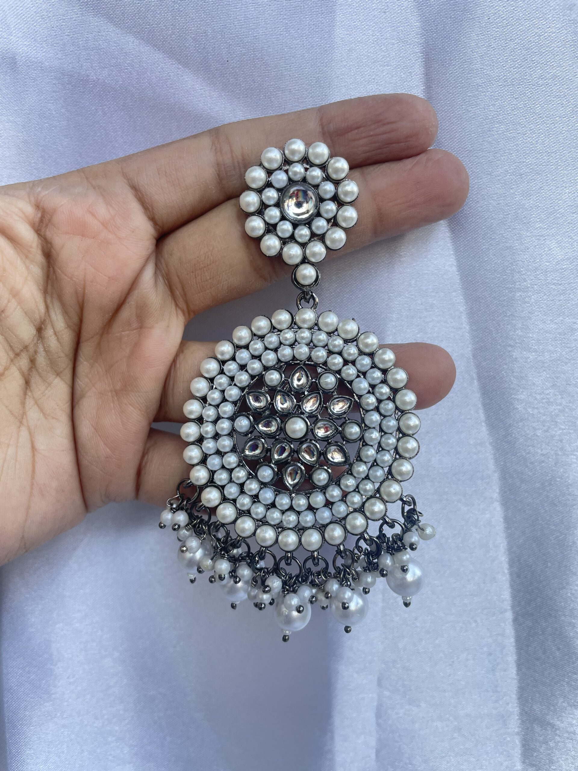 Oxidised Black Metal Kundan Jhumka Chandbali AJP2022-37 - Image 2