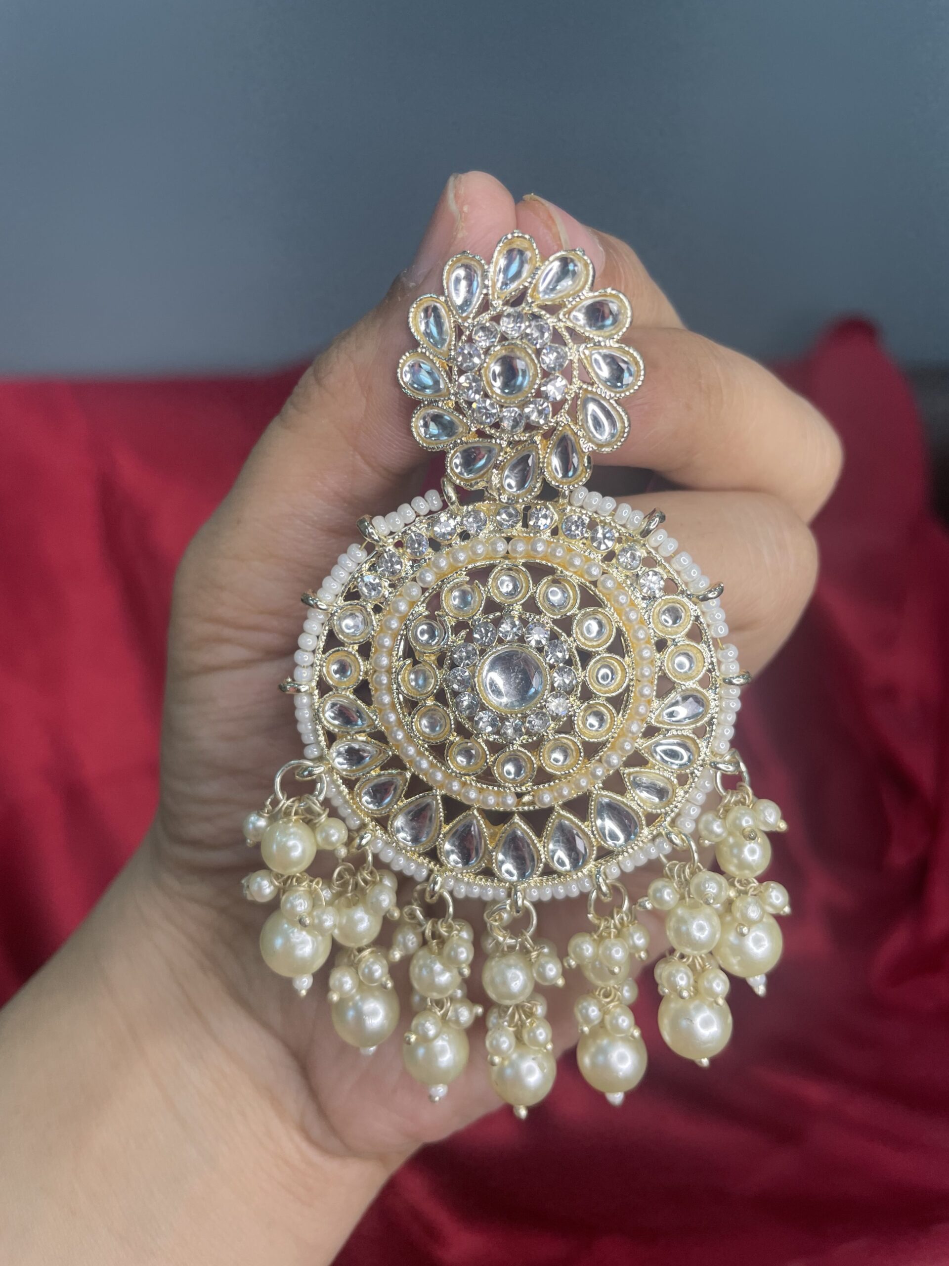 Gold Tone Traditional Clustered Pearls Kundan Earring AJP2022-34 - Image 2