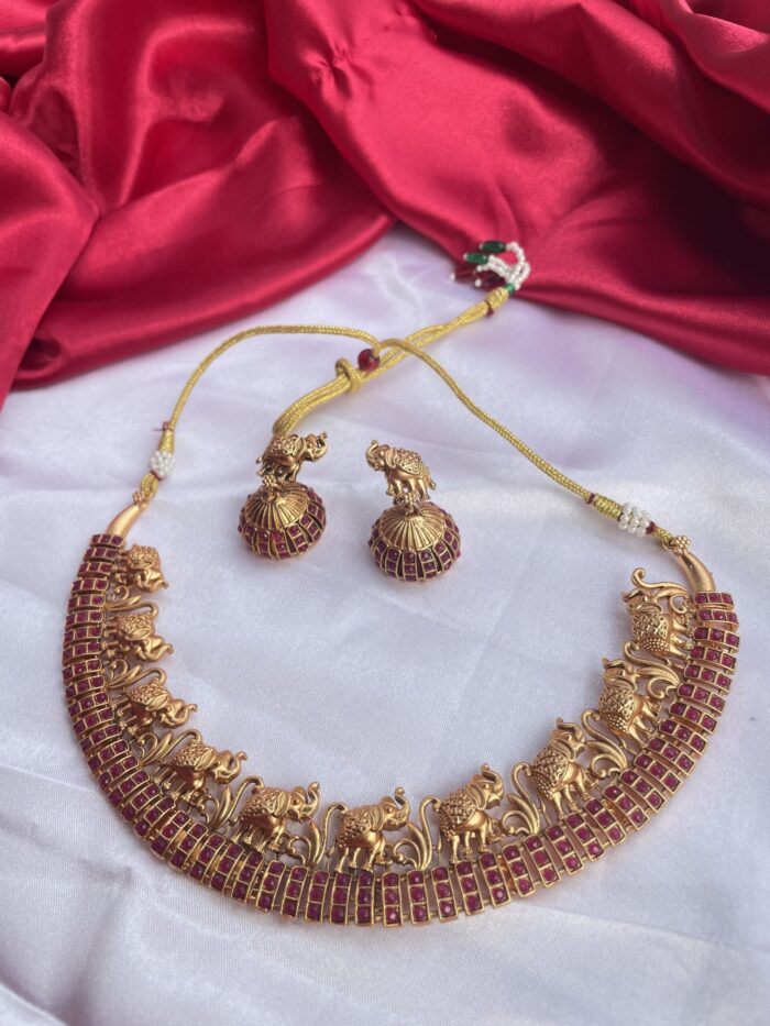 Red Stone Elephant Necklace With Earrings AJP2023-05