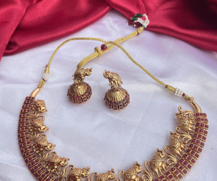 Red Stone Elephant Necklace With Earrings AJP2023-05