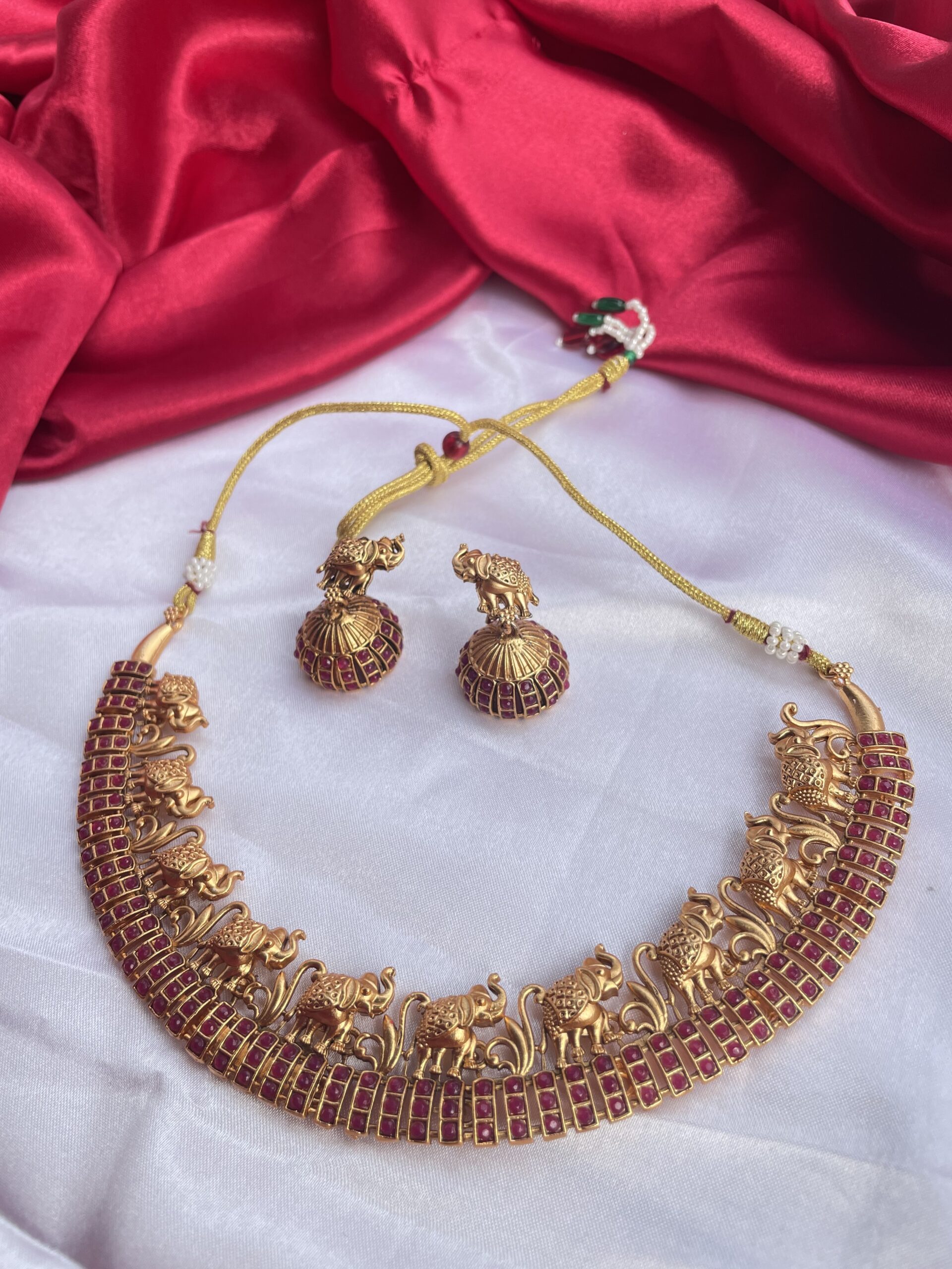 Red Stone Elephant Necklace With Earrings AJP2023-05