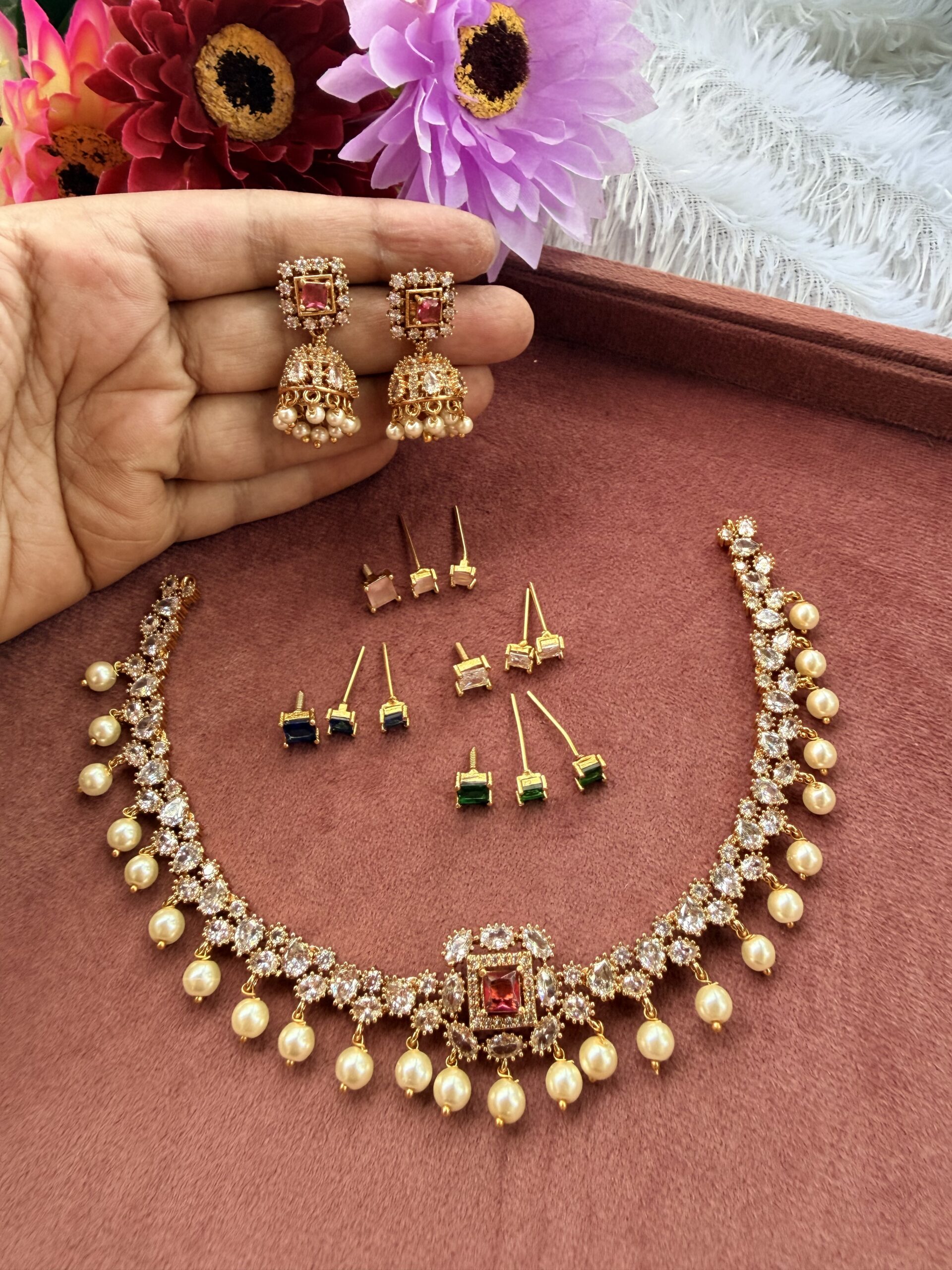 Five Colour Changable AD Stone Necklace With Earings AJP2026-1067