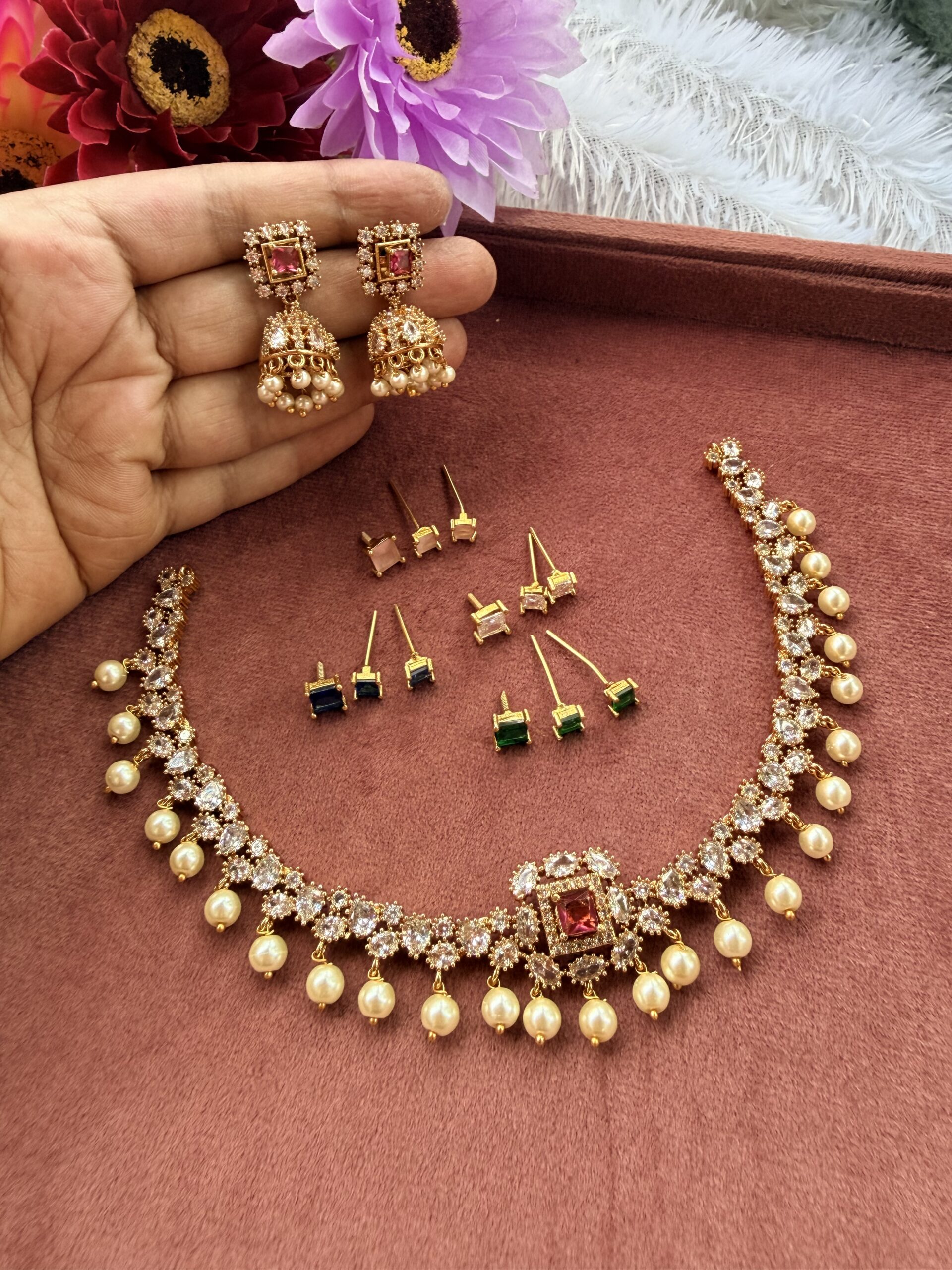 Five Colour Changable AD Stone Necklace With Earings AJP2026-1067 - Image 5