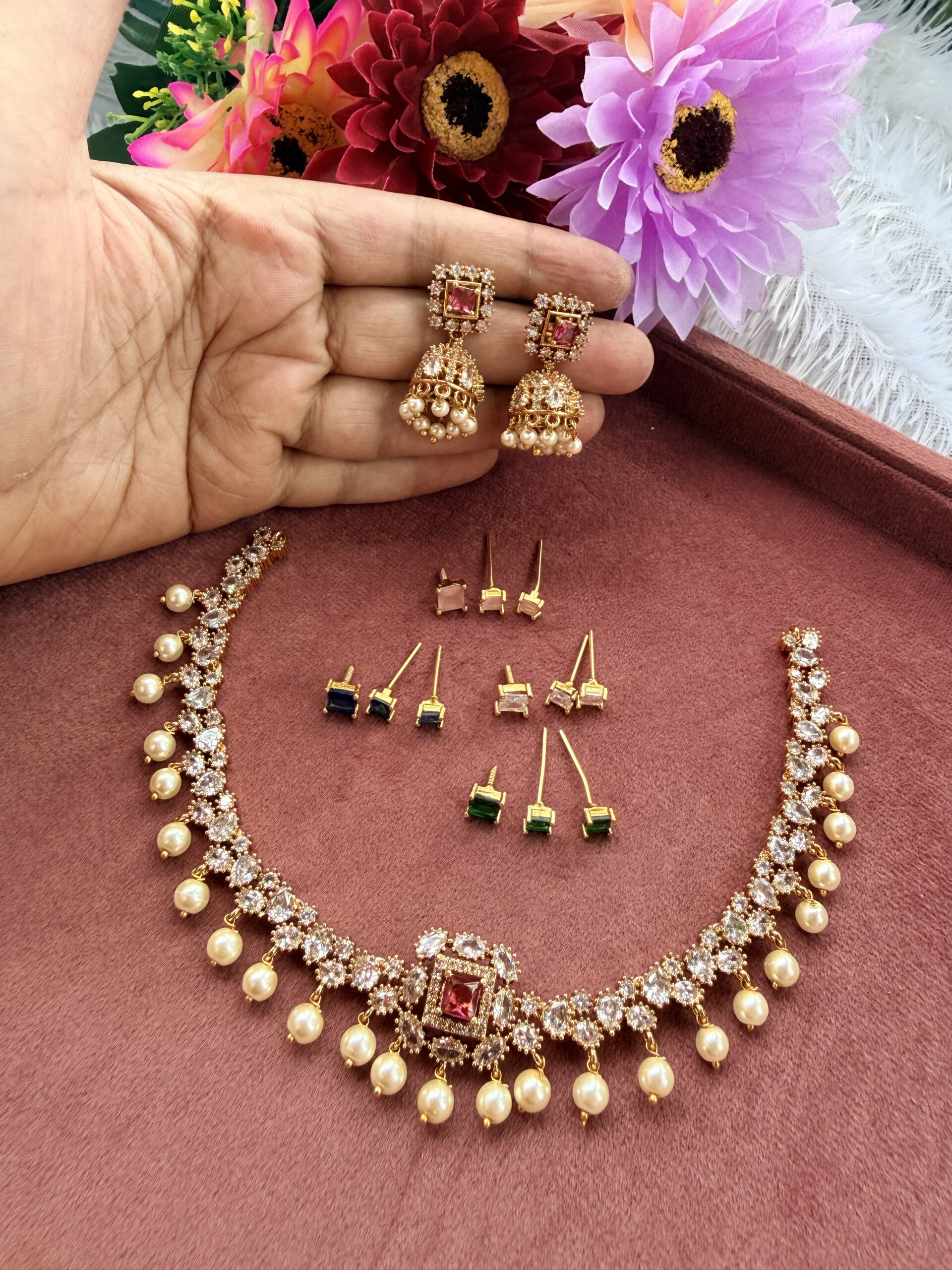 Five Colour Changable AD Stone Necklace With Earings AJP2026-1067 - Image 4