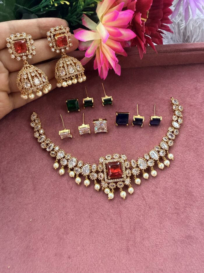 Four Colour Changable AD Stone Necklace With Earings AJP2026-1083