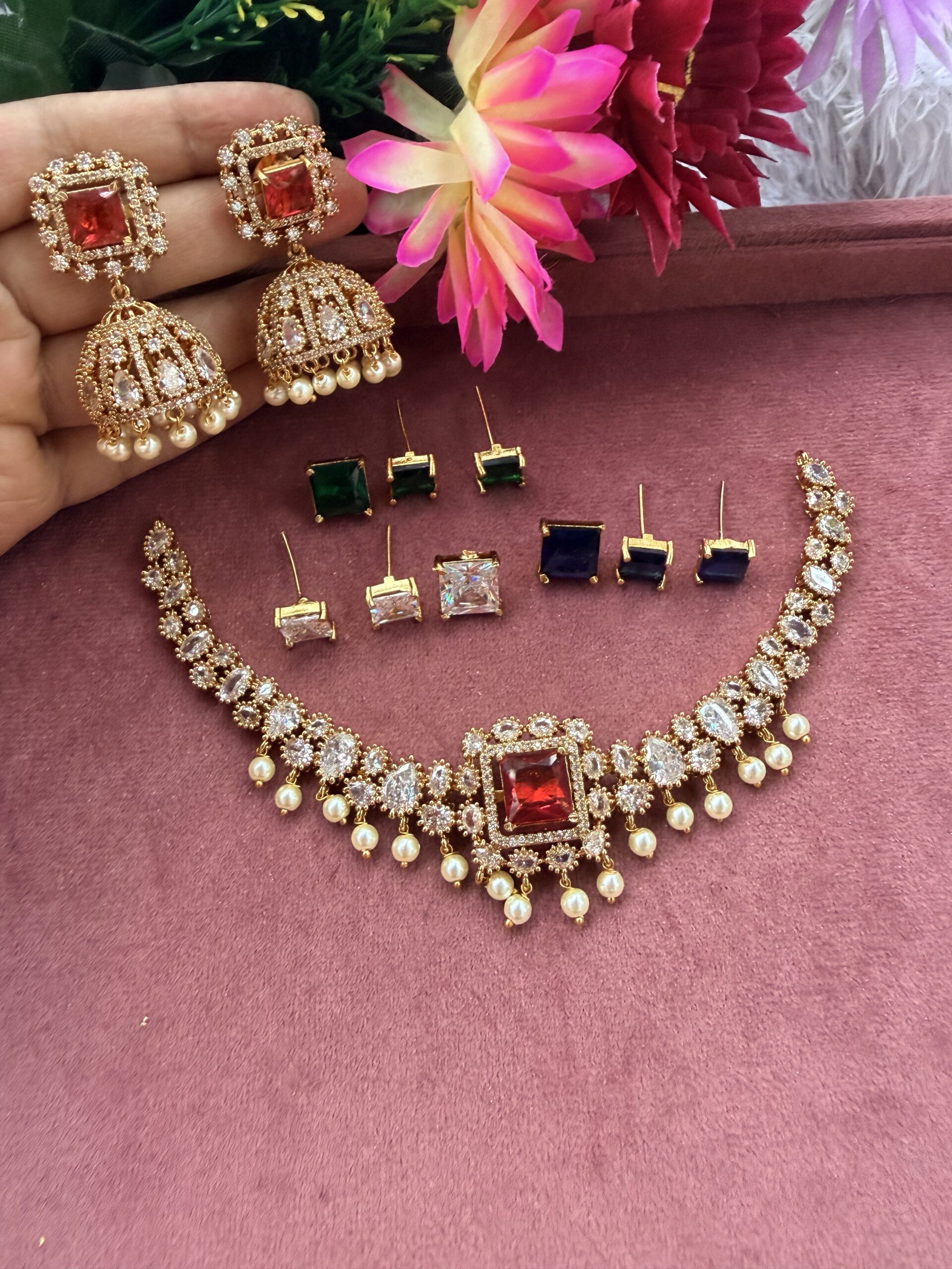 Four Colour Changable AD Stone Necklace With Earings AJP2026-1083